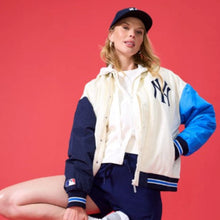 Load image into Gallery viewer, Women's Yankees Bomber Jacket in Blue and Sugar Swizzle