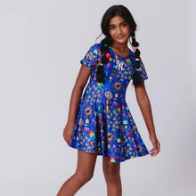 Load image into Gallery viewer, Girls Yankees Short Sleeve Skater Dress Candy Spill Blue