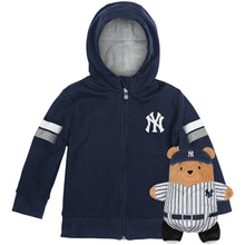 Load image into Gallery viewer, Toddler & Youth Cubcoats Yankees Navy 2-in-1 Transforming Full-Zip Hoodie & Soft Plushie - Hoodie and Plushie Front View