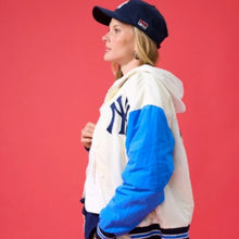 Load image into Gallery viewer, Women&#39;s Yankees Bomber Jacket in Blue and Sugar Swizzle
