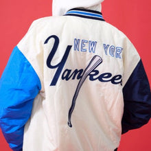Load image into Gallery viewer, Women&#39;s Yankees Bomber Jacket in Blue and Sugar Swizzle
