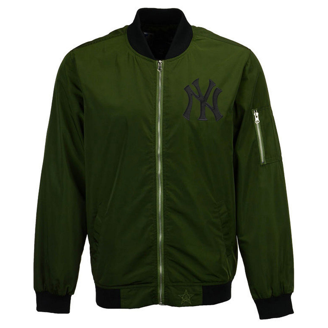Men's JH Designs Yankees Military Green Lightweight Nylon Bomber Jacket - Front View