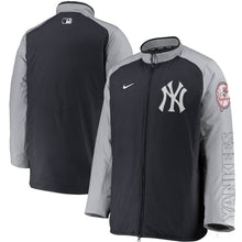 Load image into Gallery viewer, Men&#39;s Nike Yankees Navy &amp; Grey Authentic Collection Dugout Full-Zip Jacket - Front and Back View
