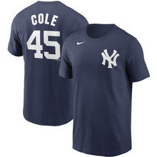 Load image into Gallery viewer, Men&#39;s Nike Yankees Navy Gerrit Cole Name &amp; Number T-Shirt in Navy - Front and Back View
