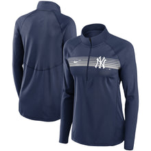 Load image into Gallery viewer, Women&#39;s Nike Yankees Navy Seam-To-Seam Element Half-Zip Performance Pullover - Front and Back View
