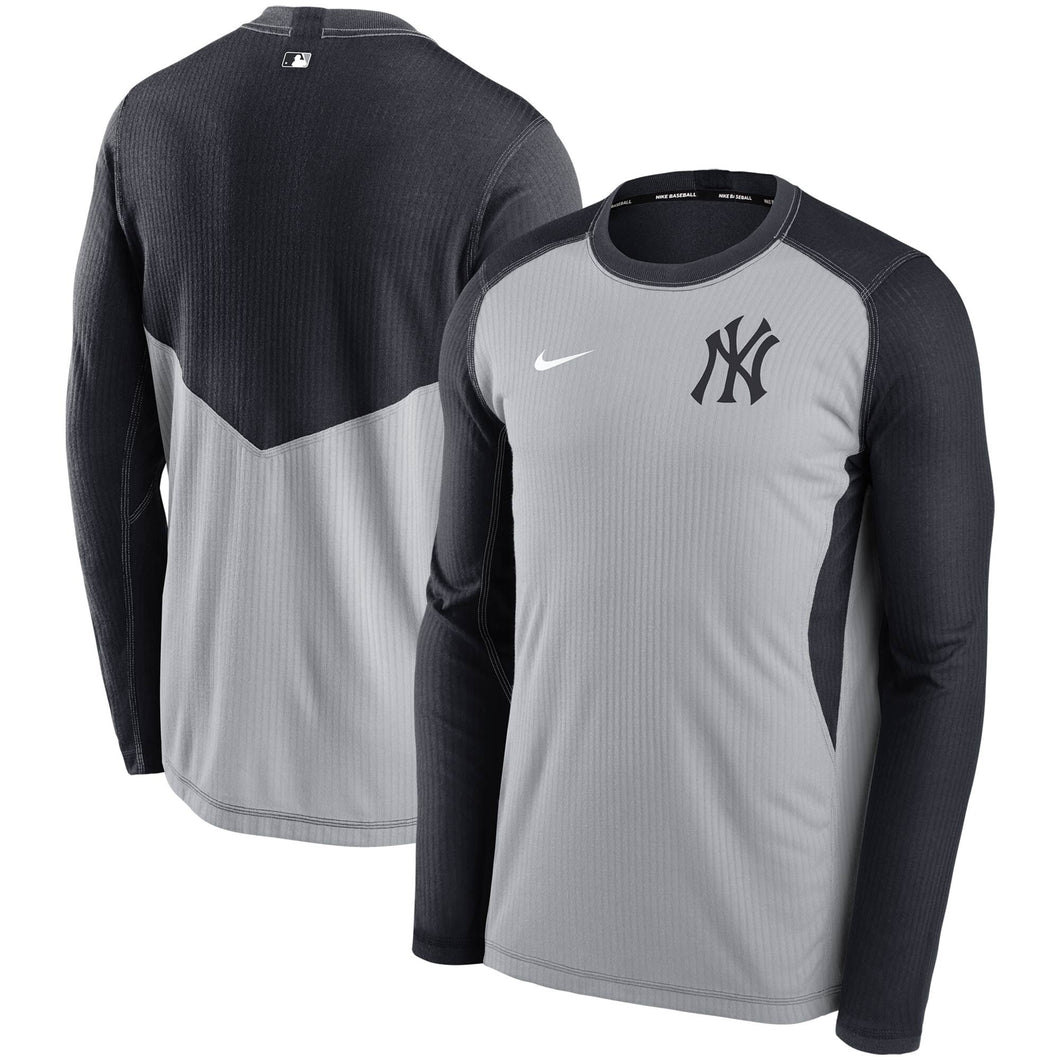 Men's Nike Yankees Grey & Navy Authentic Collection Thermal Crew Performance Pullover - Front and Back View