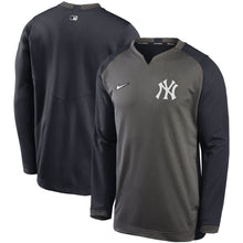 Load image into Gallery viewer, Men&#39;s Nike Yankees Charcoal &amp; Navy Authentic Collection Thermal Crew Performance Pullover - Front and Back View
