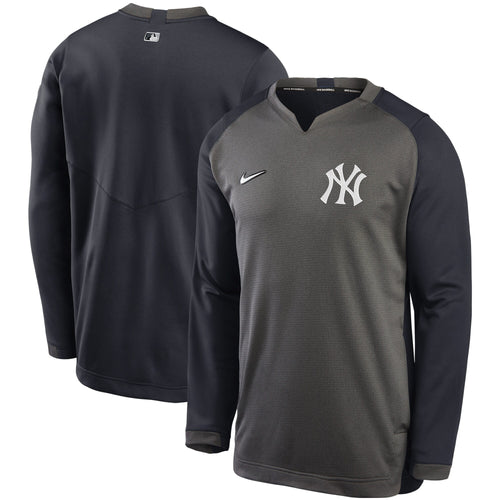Men's Nike Yankees Charcoal & Navy Authentic Collection Thermal Crew Performance Pullover - Front and Back View